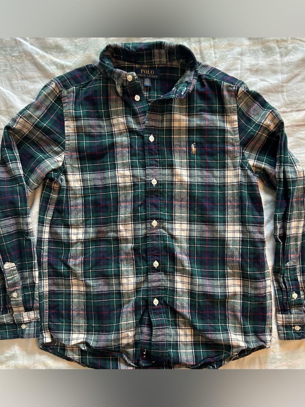 Polo Ralph Lauren Boy’s Forest Green Cream Plaid Button Down Shirt EUC L 14-16